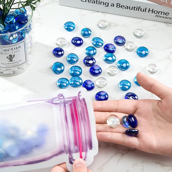 FUTUREPLUSX 1LB Iridescent Flat Glass Marbles, Blue Mixed Glass Beads Vase Fillers Decorative Gem Pebbles Sparkling Floral Fish Tank Rocks for Vases Table Scatter Aquarium Decor DIY Craft-PawvioPets