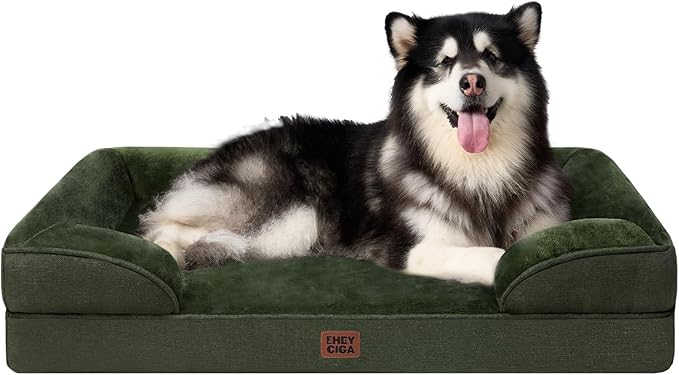 EHEYCIGA Orthopedic Dog Beds for Extra Large Dogs, Waterproof Memory Foam XXL Dog Bed with Sides, Non-Slip Bottom and Egg-Crate Foam Big Pet Couch Bed with Washable Removable Cover, Dark Green-PawvioPets