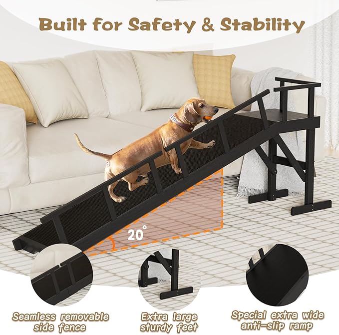 73" Dog Ramp for Bed, Pet Ramp with Removable Side Rail and Non-Slip Surface, Pet Ramp for Small & Large & Senior Dogs with Rest Platform and DIY Glow Strips,Dog Stairs for Couch, Black-PawvioPets