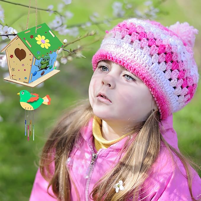 Fennoral 12 Pack Bird House Craft Kit for Kids Make You Own Bird Wind Chime Kit DIY Build and Paint Wooden Birdhouses Bird Feeder Art and Craft for Spring Yard Garden Outdoor Decoration-PawvioPets