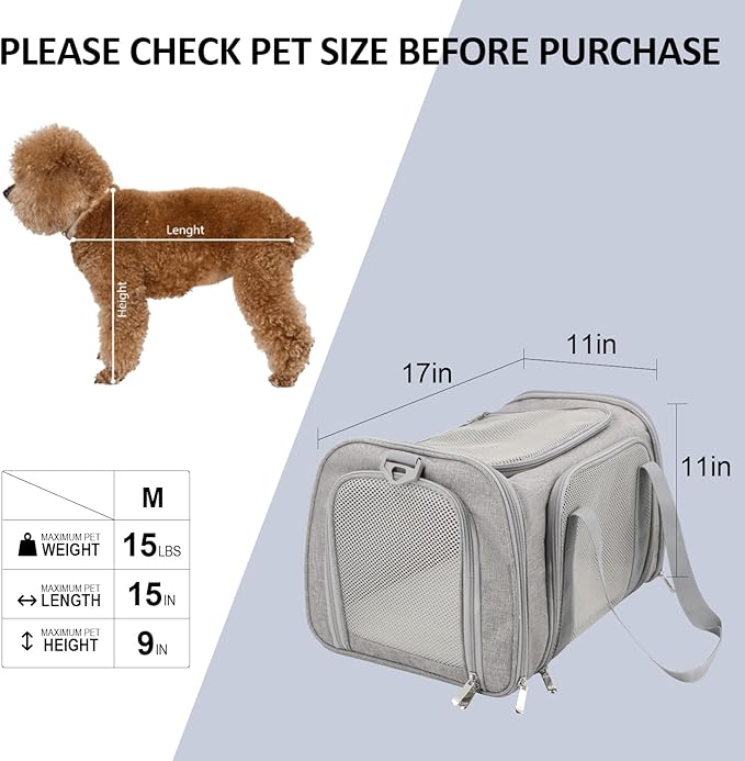 Cat Carriers Dog Carrier Pet Carrier For Small / Medium Cats Dogs Puppies (Up To 15lbs), TSA Airline Approved Small Dog Carrier Soft Sided, Collapsible Waterproof Travel Puppy Carrier - Grey-PawvioPets
