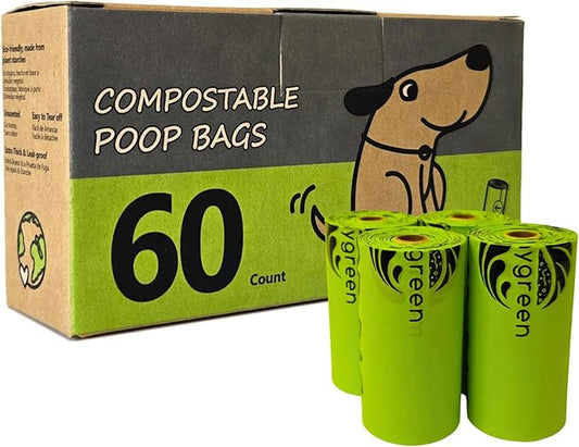 60 Count Compostable Dog Poop Bags, Extra Thick, Leak Proof, Unscented, Eco-Friendly, 9 x 13 Inches-PawvioPets