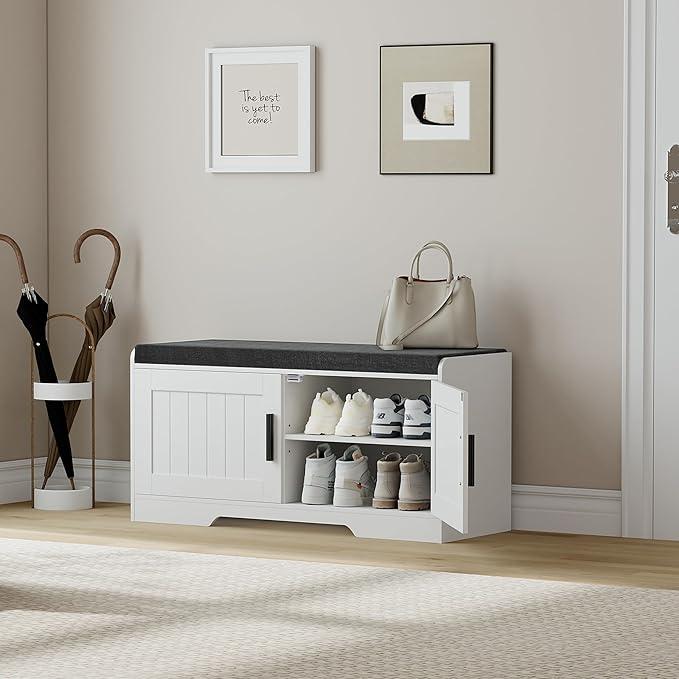 2-Tier Storage Bench, Shoe Bench with Thickened Padded Seat Cushion, Entryway Bench with 2 Doors, Adjustable Shelf, 13.8" D x 37.4" W x 18.5" H, for Entryway, Living Room, Bedroom, White-PawvioPets