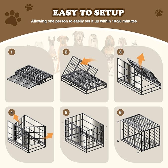 Dog Crate with Removable Tray, 37/42/46 Inch Indestructible and Escape Proof Steel Dog Cage Kennel for High Anxiety Dogs, Heavy Duty Dog Crate with Wheels, Double Door, Extra Large XL XXL-PawvioPets