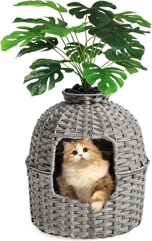 Cat Litter Box Plant Enclosure, Hidden Handwoven Rattan with Cat Litter Box Furniture and Artificial Plants, Odor Control Filter, Real Stones in Living Room, Bedroom, Corner (Gray)-PawvioPets