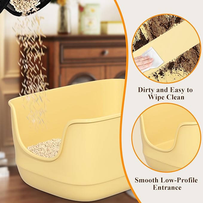 Gefryco Large Cat Litter Box with High Sided 24.6"x18.3"x12.2" - Jumbo Extra Large Open Anti - Splashing High Wall for Multiple Cats (Yellow)-PawvioPets