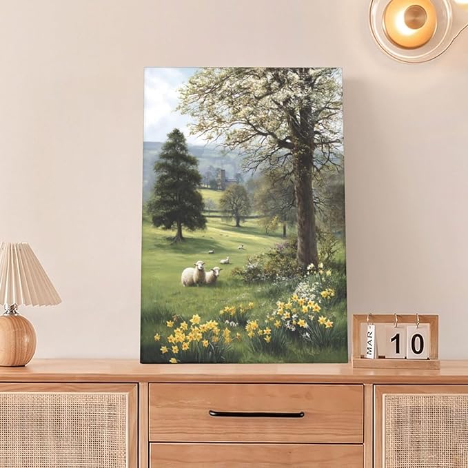 Country Sheep Canvas Wall Decor Farmhouse Rustic Lamb Wildflower Wall Art Nature Countryside Landscape Pictures Painting Print Framed Artwork Decorations for Bathroom Living Room Bedroom 16"x24"-PawvioPets