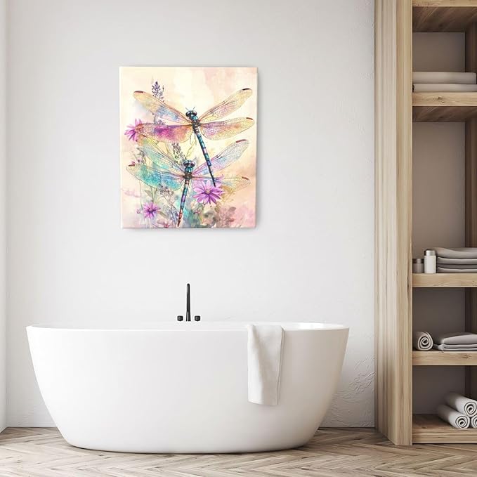 Dragonfly Bathroom Pictures Wall Art, Floral Bathroom Wall Decor, Framed Painting Canvas Artwork for Bedroom Living Room Decorations 24"L x 20"W-PawvioPets