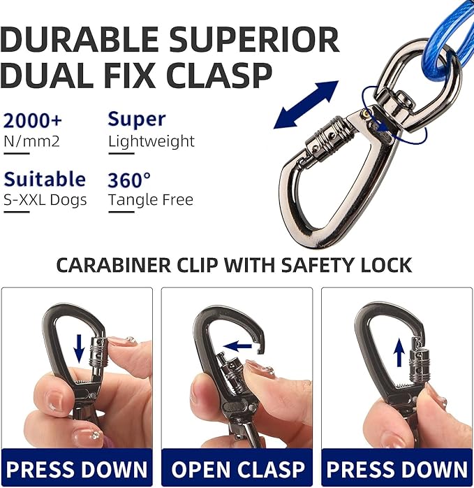 Dog Tie Out Cable, 100FT, Blue, Suitable for Dogs up to 350 pounds, Lightweight, Non-Winding, for Outdoor Camping, Yard-PawvioPets