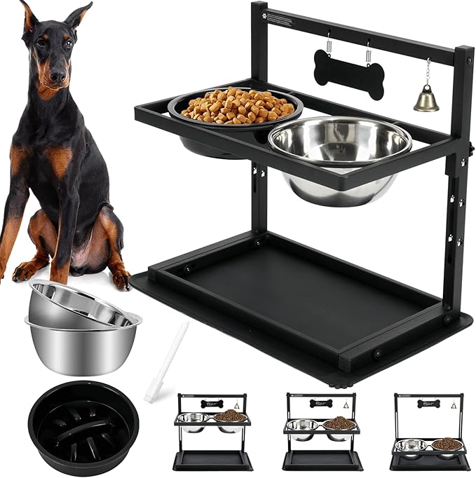 Elevated Dog Bowls with Slow Feeder for Large Dogs – Adjustable Raised Stand with 2 Stainless Steel Bowls & Spill-Proof Mat, Non-Slip Dog Feeder for Large & Medium Dogs (Black)-PawvioPets