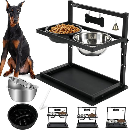 Elevated Dog Bowls with Slow Feeder for Large Dogs – Adjustable Raised Stand with 2 Stainless Steel Bowls & Spill-Proof Mat, Non-Slip Dog Feeder for Large & Medium Dogs (Black)-PawvioPets