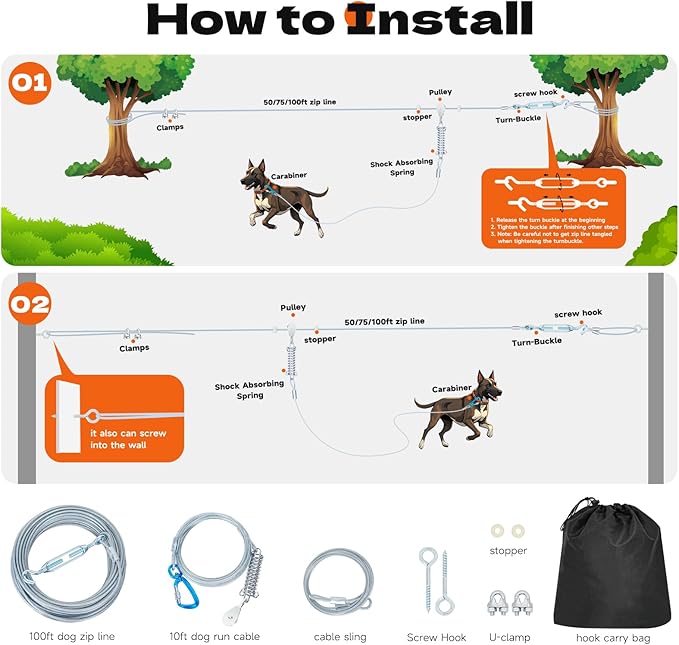 100ft Dog Runner for Yard Large Dog Heavy Duty with Double Shock Absorbers Tangle-Free Aerial Trolley System for Large Dogs Up to 250lbs (Orange)-PawvioPets