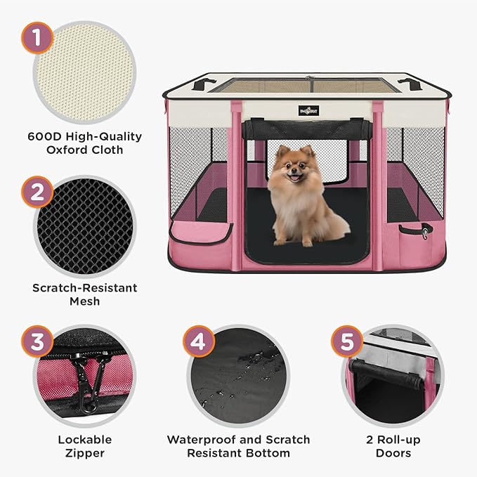 Foldable Pet Kitten Playpen, Upgrade Waterproof Portable Cat Dog Playpen Kennel Tent for Small Dog Cat, Removable Shade Cover, Come with Free Carrying Case, Indoor Outdoor Use for Small Pet, Pink-PawvioPets