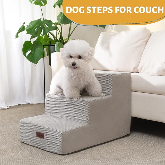 Dog Stairs for Small Dogs & Cats, 3-Step Extra Wide Non-Slip Pet Steps for Couch Sofa and Chair, Light Grey, 15.7" H-PawvioPets