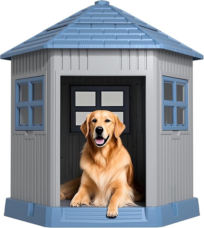DRATO Dog House Indoor Outdoor Durable Large Dog Shelter with Outside Dog Kennel with Window and Elevated Floor for Small Medium Dogs (Blue, 34.8 * 30.51 * 36.89)-PawvioPets