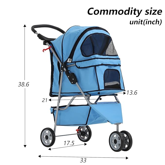 Dog Stroller,3 Wheels Travel Folding Pet Stroller for Small Medium Dog Cat Jogger Stroller with Storage Basket Removable Liner Blue-PawvioPets