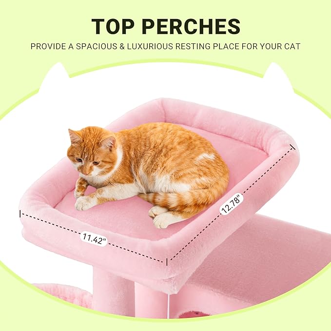 Allewie 64 Inches Cat Tree Tower/Multi-Level Activity Center for Indoor Big Felines/2 Plush Condos/2 Perchs/Basket/House/Sisal Scratching Posts/Hanging Cat Toys/Pink-PawvioPets