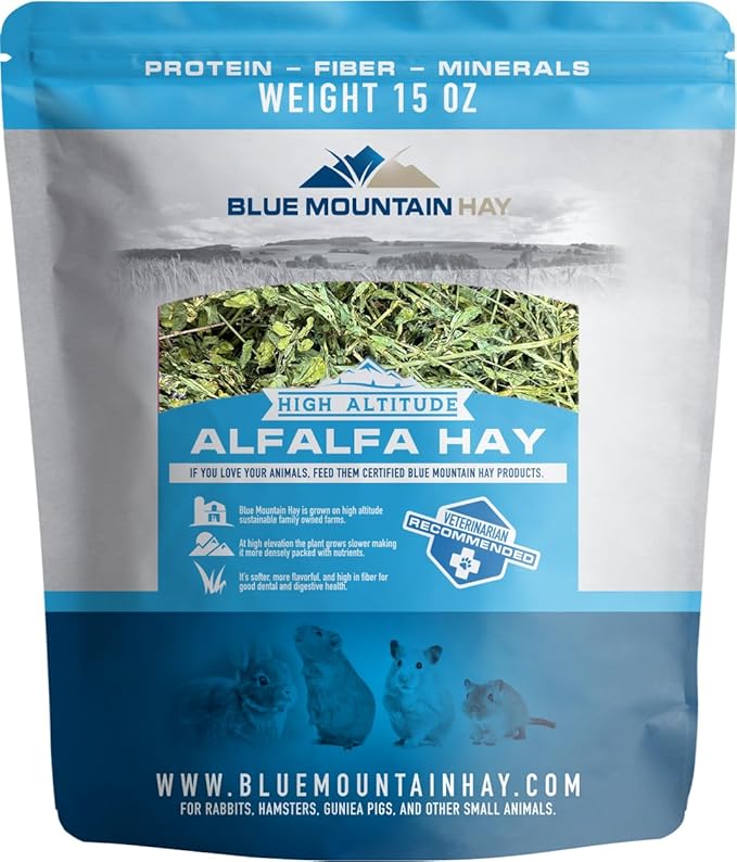 Blue Mountain Hay | Fresh Alfalfa Hay (15 Ounce) | High Leaf Retention | Nutritious High-Altitude Hay Pet Food for Rabbits, Guinea Pigs, Chinchillas, Hamsters, and Other Small Pets-PawvioPets