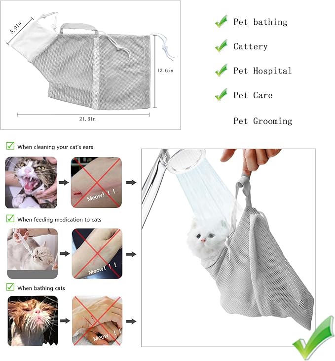 Anti-Scratch Silicone cat Shoes,Cat Claw Covers,Adjustable Multifunctional Anti-Bite Shower net Bag，Cat Grooming Mesh Bag,Cat Bathing Bag(Grey-2)-PawvioPets