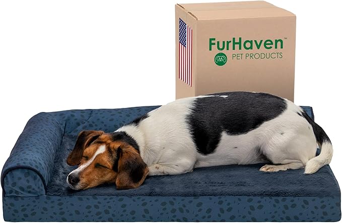 Furhaven Cooling Gel Dog Bed for Medium/Small Dogs w/ Removable Bolsters & Washable Cover, For Dogs Up to 35 lbs - Plush & Almond Print L Shaped Chaise - Blue Almonds, Medium-PawvioPets