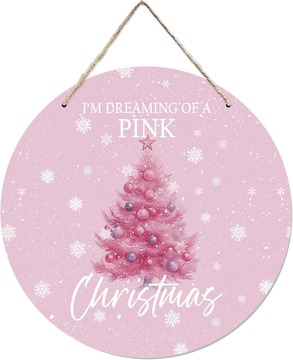 CGBHW Pink Christmas Tree Wooden Sign, Winter Holiday Theme Hanging Sign Wall Decor for Girls Room Home College, Aesthetic Christmas Xmas Snowflake Door Decor 12 x 6 Inch