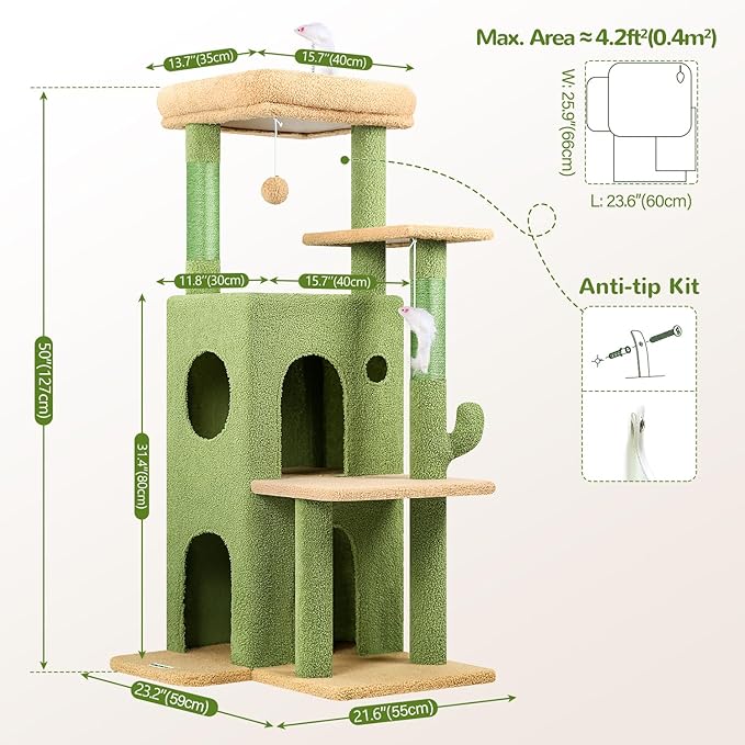 Globlazer Cactus Cat Tree Tower for Indoor Cats, 50-inch Adult Cat Tree House for Large Adult Cats with Steps, Scratching Post, 2 Cat Caves, Dangling Toys, FC50, Green-PawvioPets
