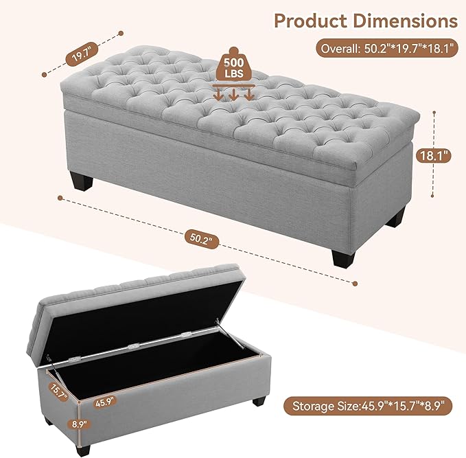51" Fabric Storage Ottoman Bench, Upholstered Rectangle End of Bed Storage Ottoman Tufted Living Room Bedroom Bench with Safety Hinge, Solid Wood Legs, Loads 500 lb(Light Grey)-PawvioPets