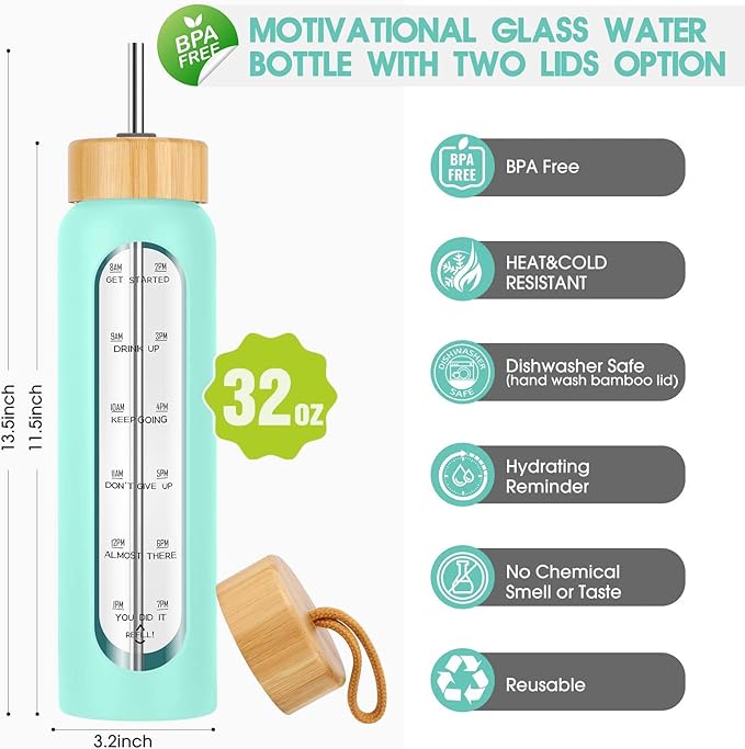 32 oz Glass Water Bottle with Straw - Motivational Time Marker & Silicone Sleeve - Reusable Tumbler Includes 2 Bamboo Lids & Fruit Infuser - 1 Pack-PawvioPets