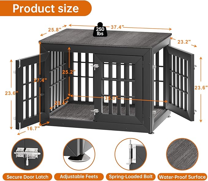38" Heavy Duty Dog Crate Furniture for Small,Medium and Large Dogs,Rustic Wooden Dog Cage Kennel Indoor Furniture with Waterproof Top,Decorative Pet House Side End Table (Black & Grey)-PawvioPets