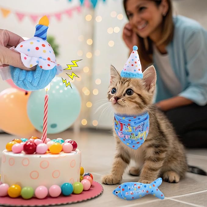 BINGPET Cat Birthday Catnip Toys for Indoor Cats,Cat Birthday Hat,Bandana and Cat Birthday Cake Interactive Plush Kitten Chew Toys,Cute Fish,Balloon Toys with Crinkle Paper and Catnip Inside(Sky Blue)-PawvioPets