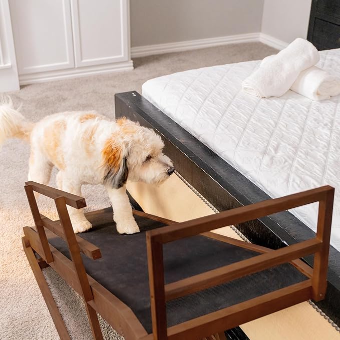 Dog Ramp for Bed, 5 Level Adjustable Dog Ramp for High Beds, Upgrade Rubber Mat High Traction Ramp with Safety Rails, Folding Pet Ramp for Bed, Couch,SUV, Natural Wood Pet Ramp for Small & Old Dogs-PawvioPets