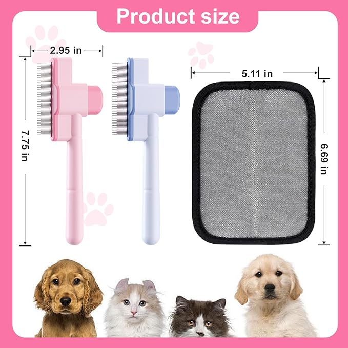 2PCS Flea Comb for Cats and Dogs with Pet Hair Remover Glove, Self Cleaning Pet Flea Cat Grooming Brush with Release Button for Massaging and Cleaning Shedding Pets Hairs-PawvioPets