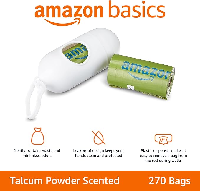 Amazon Basics Dog Poop Bags with Dispenser, 270 Count, Enhanced for Guaranteed Leakproof, Talcum Powder Scented, Includes Leash Clip-PawvioPets