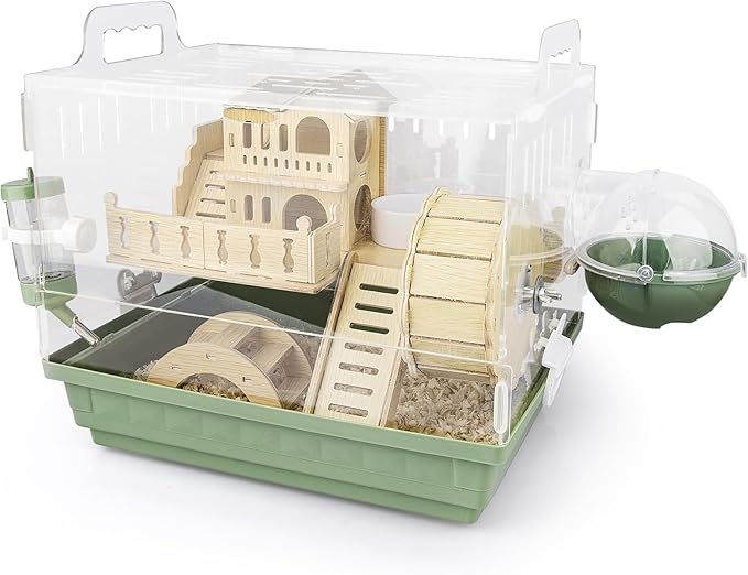 Cycodo 8 in 1 Acrylic Hamster Cage,2-Tier Dwarf Hamster Cage with Wooden Wheel & Hideout,Small Hamster Habitat with Accessories,Clear Pet Mice House(Green,14" L*10" W*11" H)-PawvioPets