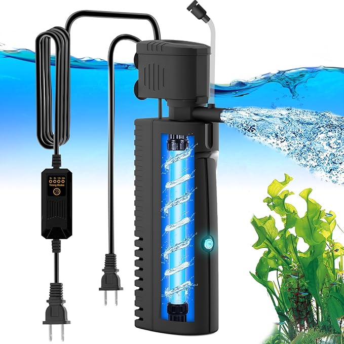 AquaMiracle Aquarium Filter with U - V Light & Pre-Filter Sponge, Fish Tank Filter with Timer for Green Water, Green Clean Machine Turtle Filter with Aeration for Aquarium and Pond 70-100 Gallon-PawvioPets