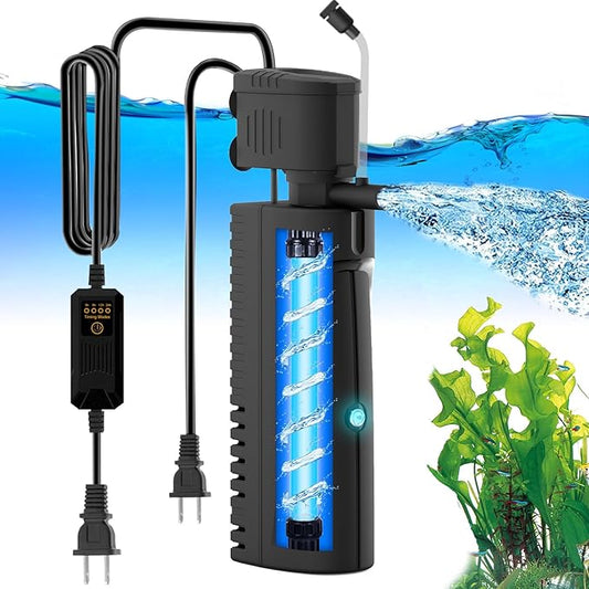 AquaMiracle Aquarium Filter with U - V Light & Pre-Filter Sponge, Fish Tank Filter with Timer for Green Water, Green Clean Machine Turtle Filter with Aeration for Aquarium and Pond 70-100 Gallon-PawvioPets