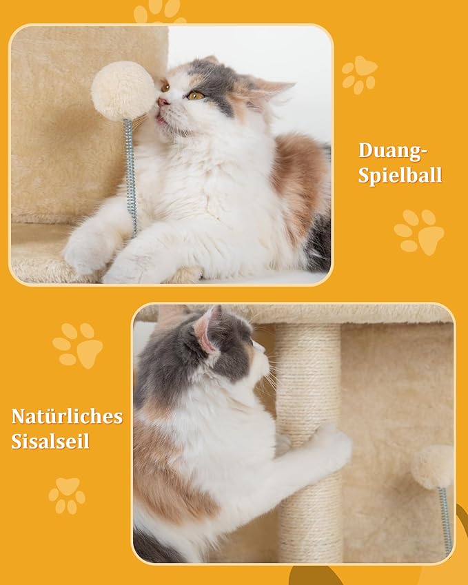 14in Cat Tree Tower with Large Perch, 20 * 16.5 Inch Top Bed for Adult Cats, Scratching Post with Bed for Kittens, Beige-PawvioPets