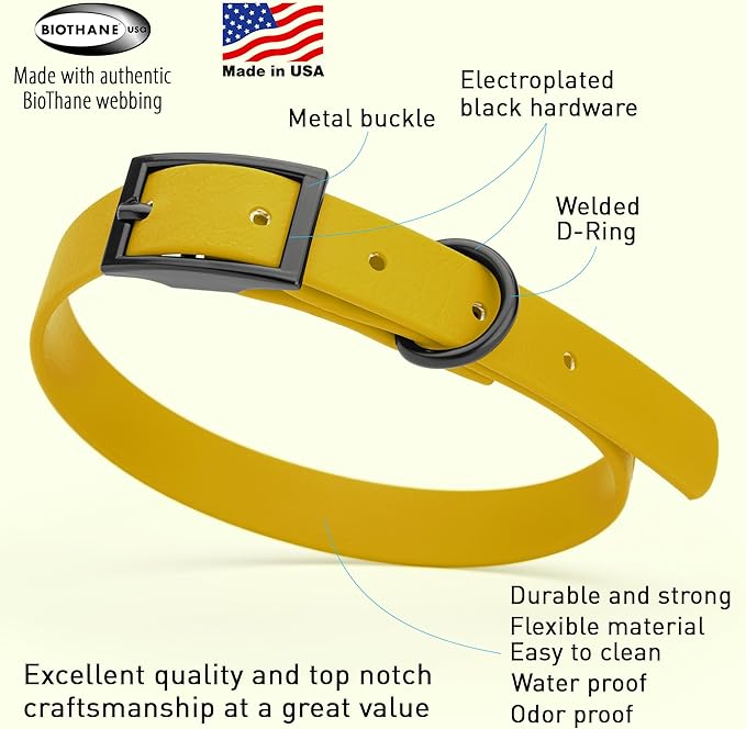 Dogline Biothane Waterproof Dog Collar Strong Coated Nylon Webbing with Black Hardware Odor- Proof for Easy Care Easy to Clean High Performance Fits Small Medium or Large Dogs, Treasure Gold-PawvioPets