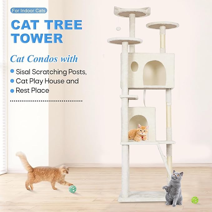 FDW Cat Tree Tower 62in Multi-Level Durable Cat Scratching Post & Cozy Fun Jumping Platform Space Saving Condo Pet Play House for Indoor Cats, Beige-PawvioPets