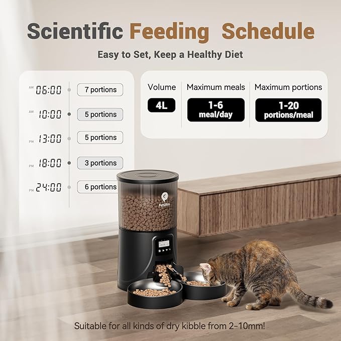 Automatic Cat Feeder for 2 Cats - 16 Cups/4L Timed Auto Pet Feeder with Portion Control (1-6 Meals), Dual Power& Easy to Clean for Indoor Cats & Small Dogs-PawvioPets
