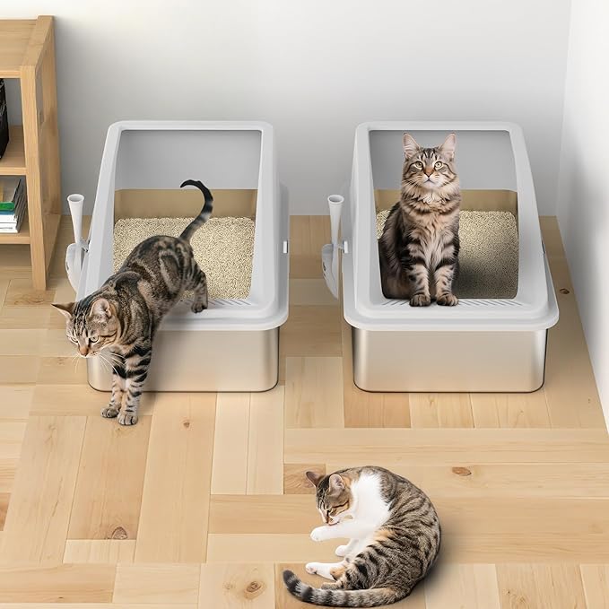 2 Pack Stainless Steel Litter Box | XL Enclosed Cat Litter Boxes with Lid for Big Cats and Multi-Cats | High Sided, Anti-Urine Leakage | Non-Stick Bottom（Silver Gray）-PawvioPets