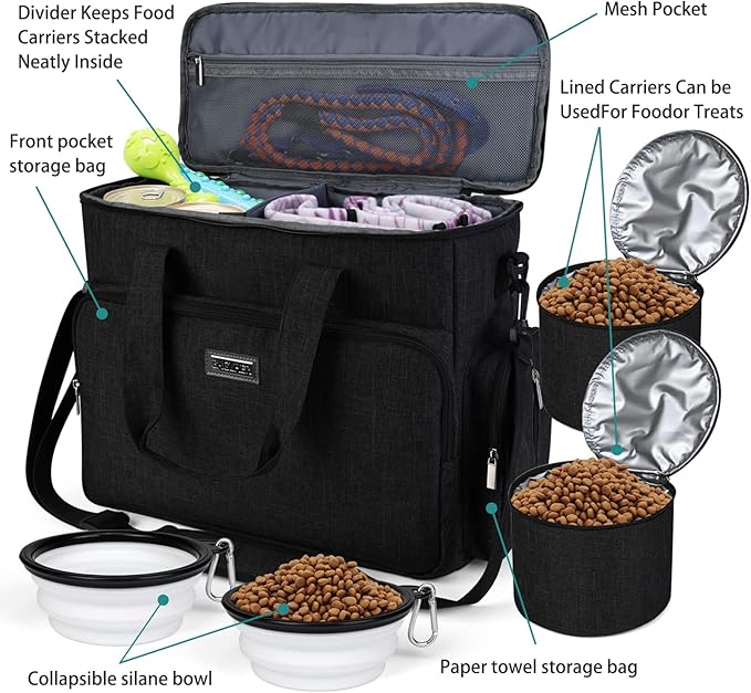 BAGLHER Dog Travel Bag, Airline Approved Pet Tote Organizer with Multi-Function Pockets, 2 X Food Storage Containers and 2 X Collapsible Dog Bowls, Perfect Weekend Pet Travel Set for Dog, Cat Black-PawvioPets