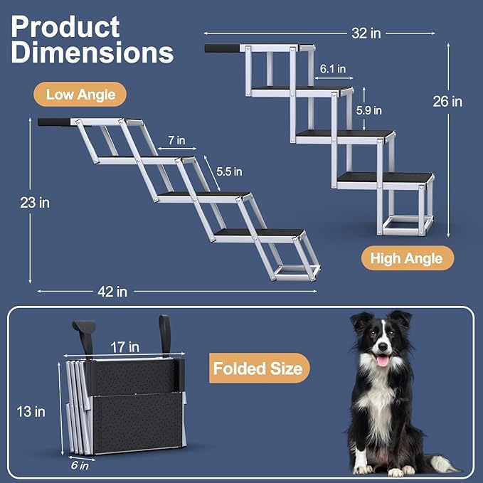 Dog Stairs for Car, Foldable Dog Ramp for Car with Non-Slip Surface, Portable Stairs Aluminum SUV, High Beds, Truck, Supports up to 150 lbs, 4 Steps-PawvioPets
