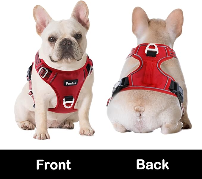 Funfox Dog Harness No Pull, Adjustable Pet Vest Harness, Super Soft Material with Vertical Handle Easy Control, Reflective Night Walking, 2 Leash Clips for XLarge Dogs, Red, XL-PawvioPets