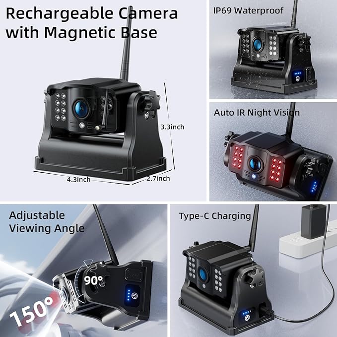 Fookoo HD Magnetic Wireless Backup Camera, 1080P 7" Dual Split Monitor & Rechargeable Rear View Cameras, Lower Consumption 1-Min Installation No Drilling Recording for RV Trailer Truck Camper DCX702-PawvioPets