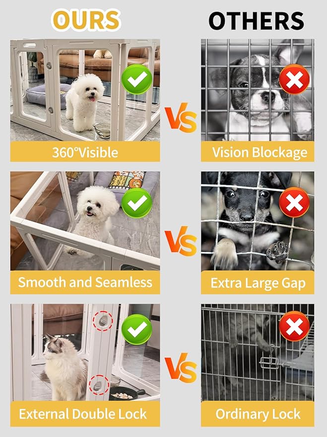 Dog Playpen, Clear Acrylic Plastic Puppy Playpen Indoor, Pet Pen for Puppy Cat Bunny, Transparent Easy Assemble Foldable Whelping Box for Dogs, Puppy Playpen with Gate (23.6" Height, 10PCS)-PawvioPets