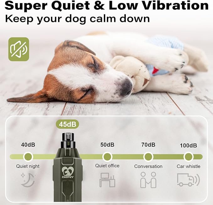 Casfuy 6-Speed Dog Nail Grinder - Newest Enhanced Pet Nail Grinder Super Quiet Rechargeable Electric Dog Nail Trimmer Painless Paws Grooming & Smoothing Tool for Large Medium Small Dogs (Army Green)-PawvioPets