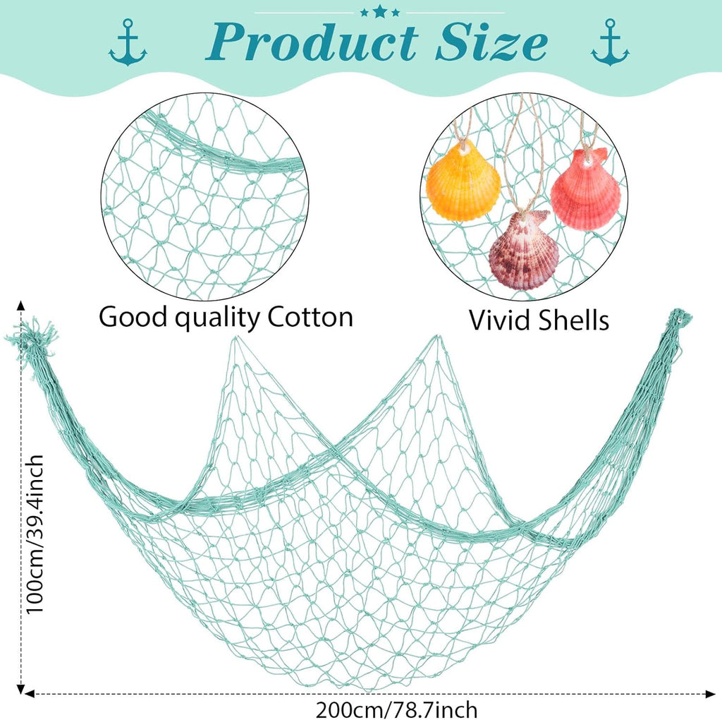 Marsui 11 Pcs Wooden Nautical Wall Decor Fishing Net Decorations, Include Decorative Fishing Net, Ship wheel, Fish Skeleton, Life Ring, Anchor, Starfish Beach Decor for Mediterranean Party (Teal)