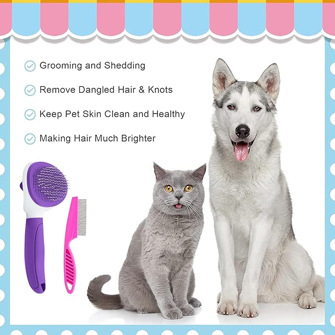 Cat Brush for Shedding, Cat Hair Brush with Release Button for Indoor Cats Dogs Self Cleaning Grooming(Purple)-PawvioPets