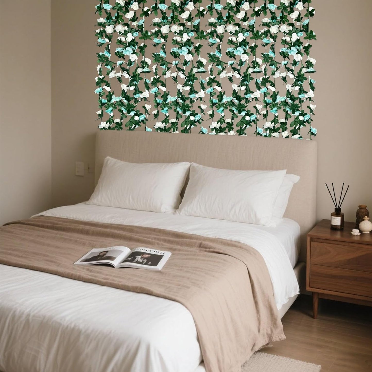 8Pcs 63Ft Teal&White Rose Garland, Fake Rose Hanging Flowers, Artificial Flower Vine, Hanging Floral Vine Garland for Wedding, Birthday Party, Wall Arch, Halloween, Christmas Garden Backdrop Decor